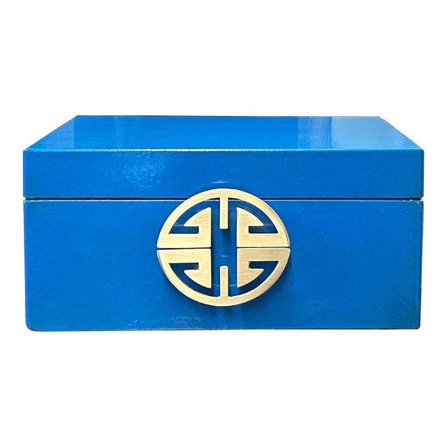 Small Oriental Round Hardware Bright Blue Rectangular Container Box For Sale