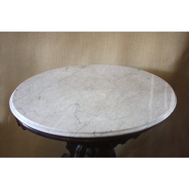 Brown Antique Victorian Marble Top Carved Base Oval Parlor Table For Sale - Image 8 of 9