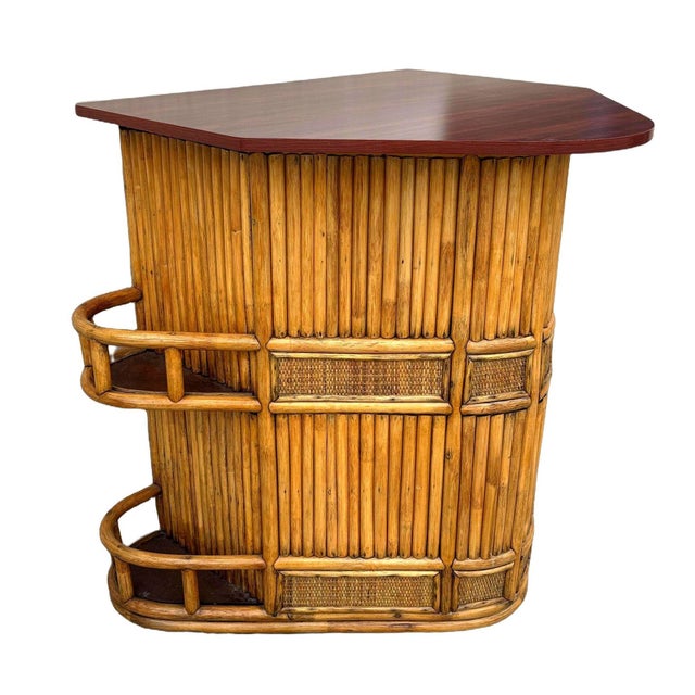 Coastal Restored Mid-Century Sailboat Ships Bow Shaped Stacked Rattan Dry Bar For Sale - Image 3 of 13