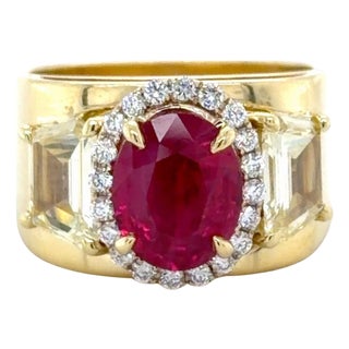 1980s Agl Certified Burma Ruby, Yellow Diamond and Diamond Ring, Size 5.25 For Sale
