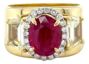 1980s Agl Certified Burma Ruby, Yellow Diamond and Diamond Ring, Size 5.25