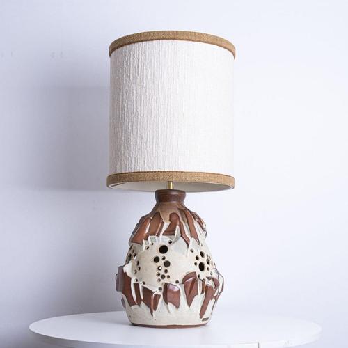 White Brique Ceramic Floor Table Lamp with Silk Lampshade attributed to R. Houben, 1970s For Sale - Image 11 of 13