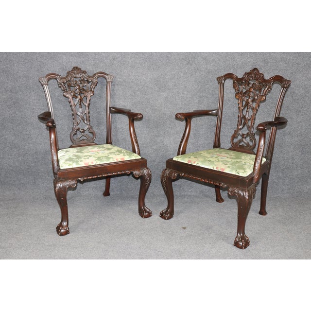 Fine Large Set 10 Carved Dark Mahogany English Chippendale Dining Chairs For Sale - Image 4 of 11