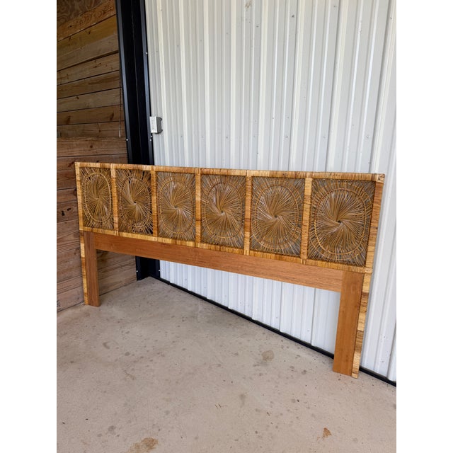 Vintage Boho Coastal King-Size Sunburst Rattan Headboard For Sale - Image 10 of 12