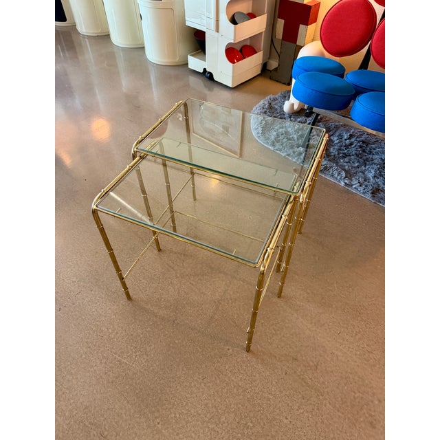 Vintage Mid Century Modern Faux Bamboo Brass Glass Nesting Tables Set 1970s Hollywood Regency For Sale - Image 12 of 17