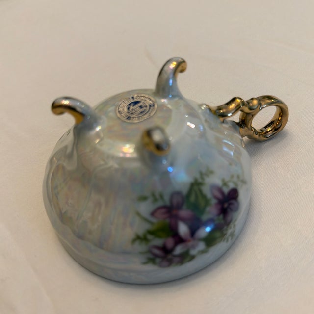 Mid 20th Century Vintage Iridescent Porcelain Teacup and Saucer With Violets and Gold Trim. For Sale - Image 5 of 12