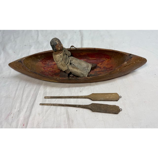 Antique Hand Carved Wood Canadian Inuit Eskimo Art Wood Sculpture Canoe Man For Sale - Image 11 of 12