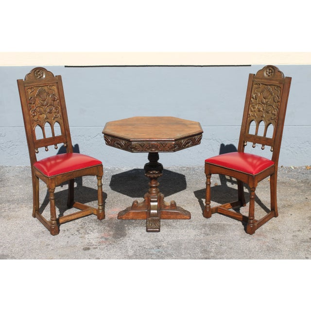 Rennaisance Revival Carved Oak Tea Table & Chairs For Sale - Image 4 of 13