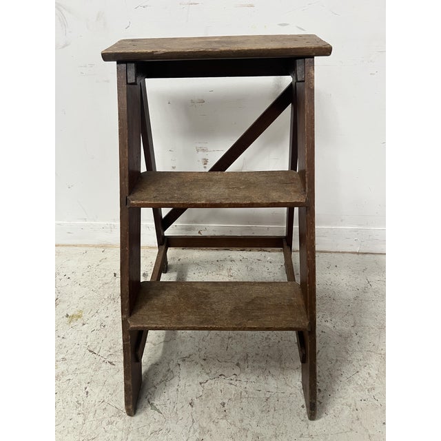 Three-Step Library Staircase in Patinated Beech, 1900s For Sale - Image 6 of 9