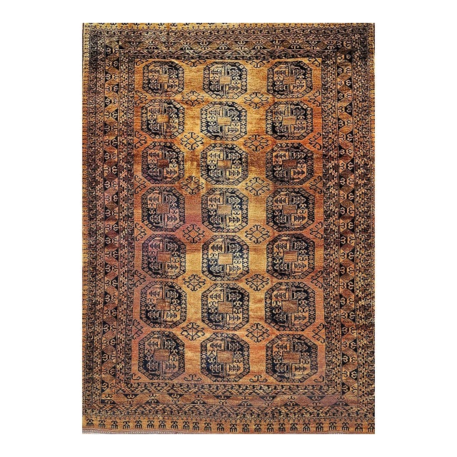 Vintage Afghan Ersari Rug, Hand-Knotted Wool, Allover Geometric Design, Camelhair & Navy, 9’ X 13’ For Sale