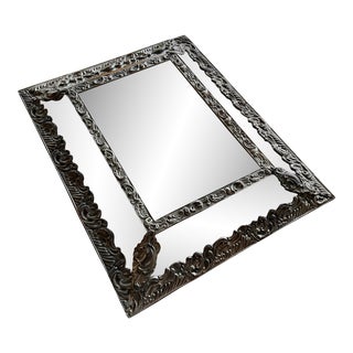 19th Century French Pressed Brass Beveled Cushion Ornate Antique Mirror For Sale