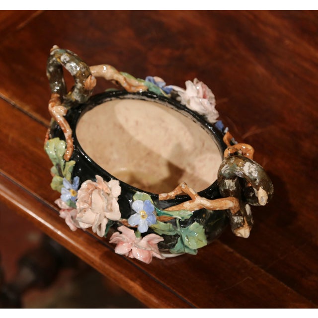 Mid 19th Century 19th Century French Painted Ceramic Barbotine Jardinière With Floral Decor For Sale - Image 5 of 10