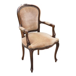 1980s Chateau d'Ax Louis XV Carved Walnut & Cocoa Velvet Open Arm Fauteuil Accent Chair For Sale