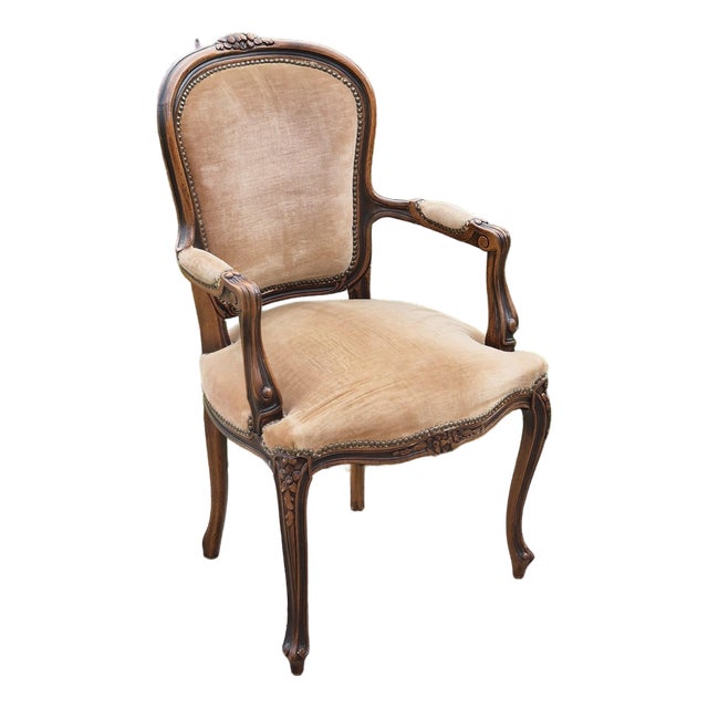 1980s Chateau d'Ax Louis XV Carved Walnut & Cocoa Velvet Open Arm Fauteuil Accent Chair For Sale