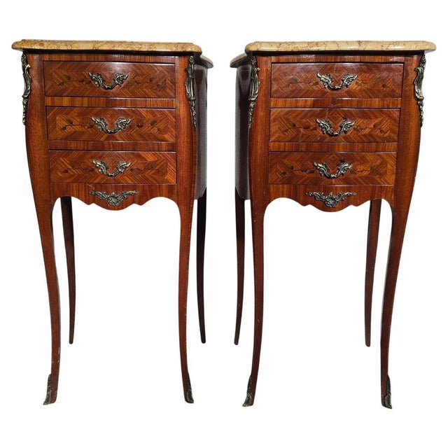 Brown 19th Century French Bedside Tables in Fruitwood with Siena Marble Tops, 1880s For Sale - Image 8 of 8
