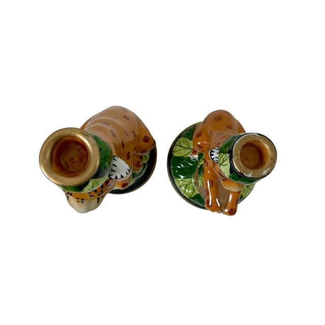 Orange 2 Vntage Porcelain Jungle Cat Candlestick Holder Leopard Cheetah For Sale - Image 8 of 8