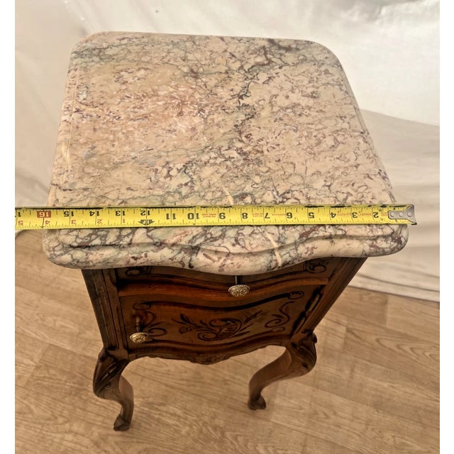 Antique French Nightstand Marble Top Commode Cabinet, Drawer, Carved Walnut For Sale - Image 11 of 12