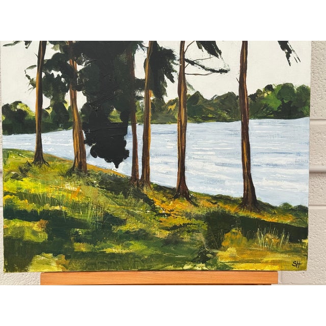 Tall Riverside Pine Trees in the English Countryside with dappled light & water 2009 For Sale - Image 12 of 16