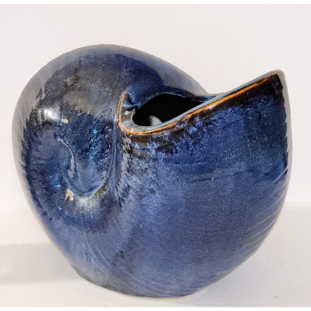 Chinoiserie 14.5" Mid-Century Modern Pottery X- Large Nautilus Planter Deep Cerulean Blue For Sale - Image 3 of 5