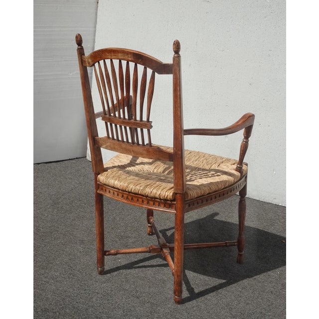 Pair of Vintage Rustic French Country Rush Seat Wheat Sheaf Arm Chairs ~ Dark #3 For Sale - Image 14 of 16