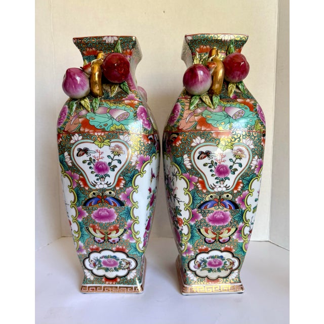 Ceramic Pair of Chinese Porcelain Hand-Painted Famille Rose Vases With Plum Fruit Handles For Sale - Image 7 of 12
