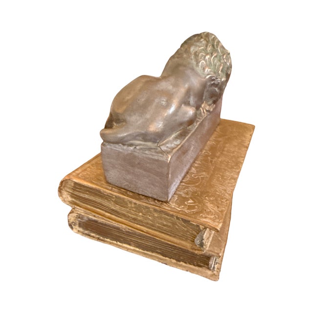 1950s Heavy Cast Metal Lion Reclining on Books Sculpture With Verdigris Patina For Sale In West Palm - Image 6 of 10