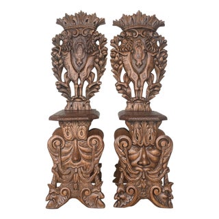 Pair of 18th Century Italian Renaissance Lion Carved Walnut Sgabello Hall Chairs For Sale