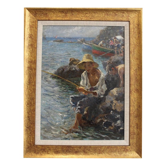 Gaetano Spagnolo, Pescatorello (Little Fisherman), 1930s, Oil Painting on Panel, Framed For Sale