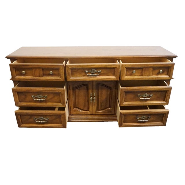 Wood Bassett Furniture Solid Oak Traditional American Colonial Revival 70" Triple Door Dresser 2085-247 For Sale - Image 7 of 15