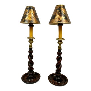 Antique English Oak Barley Twist Candle Holders - a Pair For Sale