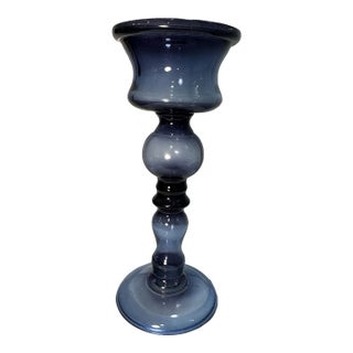 Vintage Blue Glass Pedestal Candle Holder | MCM Art Glass Compote Decor For Sale
