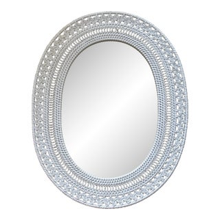 Vintage Boho White Wicker Wall Mirror For Sale