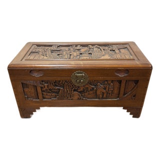 Mid-Century Hand-Carved Chinese Camphor Wood Chest, Hong Kong For Sale