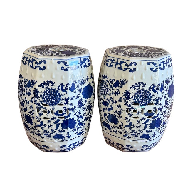 Chinoiserie Blue & White Peony Hexagon Garden Stools - A Pair For Sale - Image 4 of 12