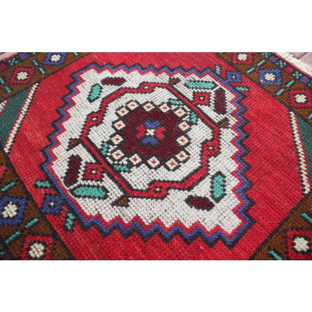 Red 1950s Turkish Hand Knotted Floral Desing Red Doormat Rug For Sale - Image 8 of 12