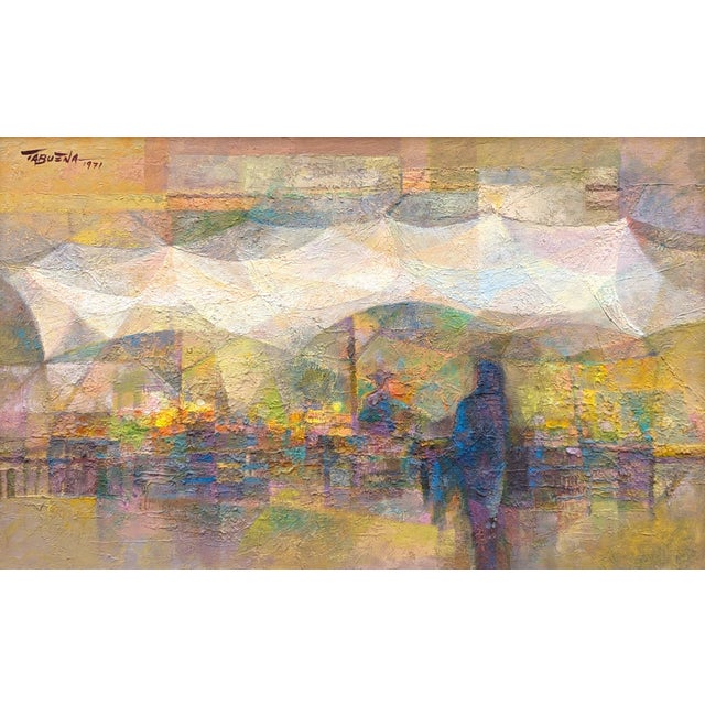 Romeo Tabuena "Market Tents" Modern Abstract Pastel Toned Cubist Style Street Scene, 1971 For Sale In Houston - Image 6 of 12
