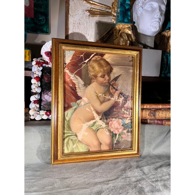 19th Century French Rococo Oil on Canvas Cherub Painting in Parcel Gilt Frame For Sale - Image 11 of 12