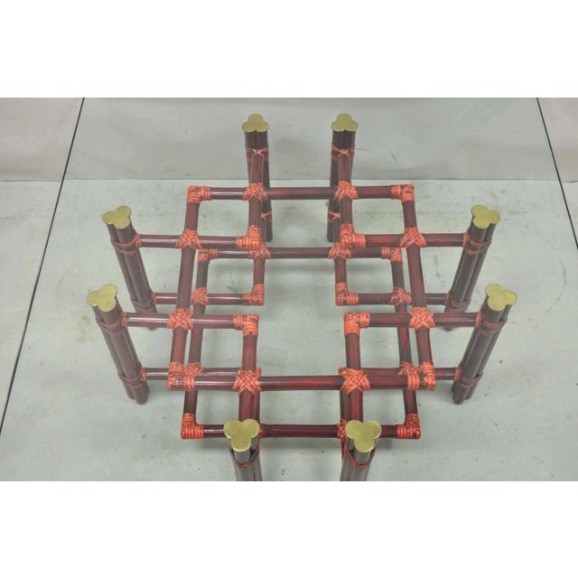 Hollywood Regency Vintage McGuire Red Rattan Bamboo and Brass Glass Top Square Coffee Table For Sale - Image 3 of 12