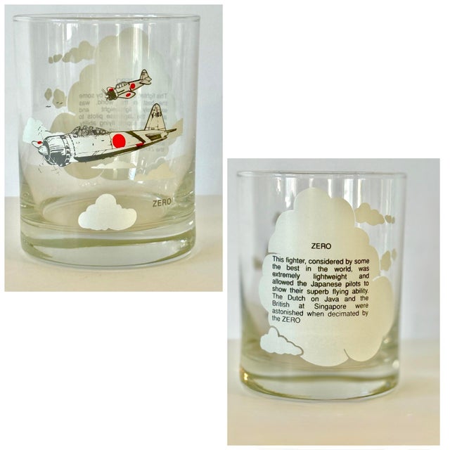 World War II Wwii Planes B-25, Spitfire, Me-109, Zero, B-17, Curtis P-40, Double Old Fashion Lowball Glasses Set of 6 Mid Century Modern For Sale - Image 10 of 14
