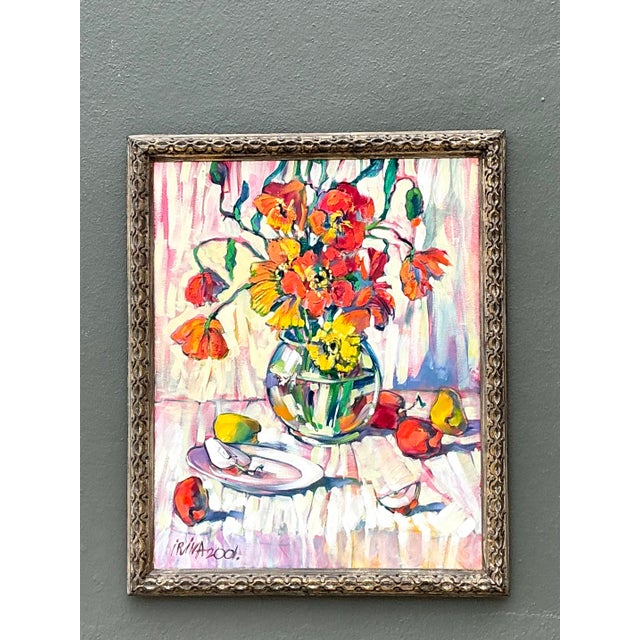 This vibrant original oil on canvas, signed "Irina 2001," captures the energetic beauty of a sun-drenched floral...