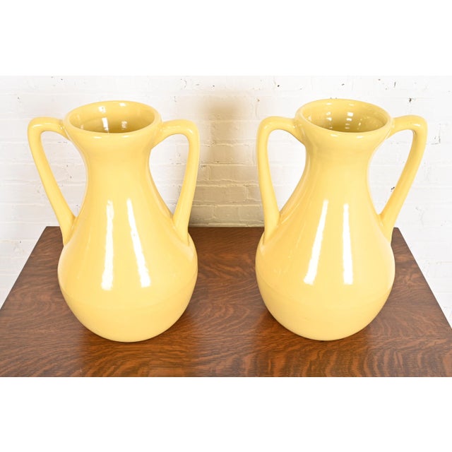 Robinson Ransbottom of Roseville Arts & Crafts Large Yellow Glazed Handled Art Pottery Jugs or Vases, Pair For Sale - Image 13 of 13