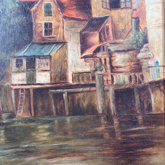 1920s Antique European Harbor Village Oil Painting in Ornate Gilt Frame For Sale - Image 5 of 12