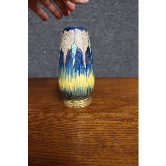 Blue Art Pottery Drip Glaze Vase With Bronze Base, Signed Page For Sale - Image 8 of 9