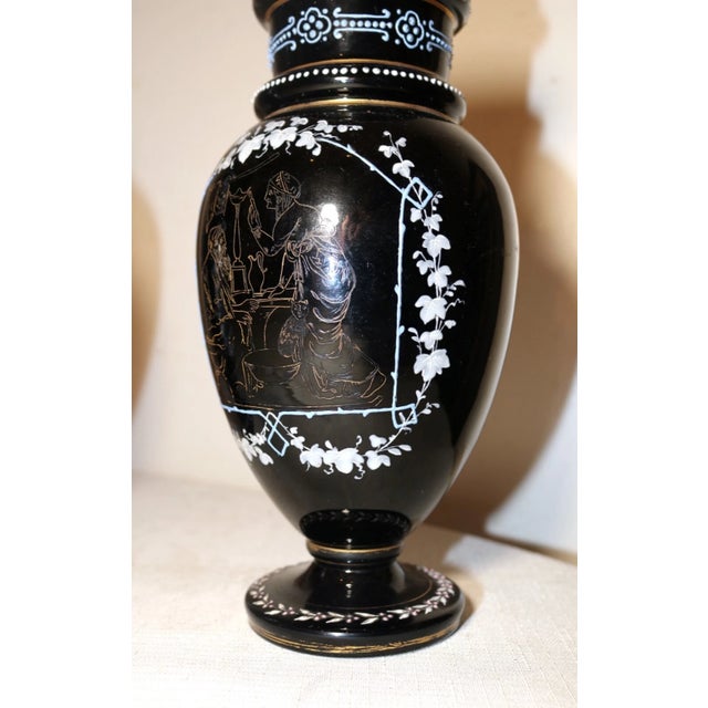 1920s Pair of 2 Antique Handmade Bohemian Enameled Black Amethyst Glass Etched Vases For Sale - Image 5 of 12