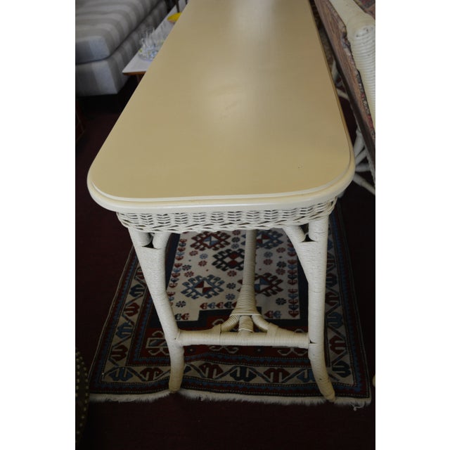 1970s 1970s Vintage Cream Wicker & Wood Long Oval Top Console Hall Sofa Table Patio For Sale - Image 5 of 12