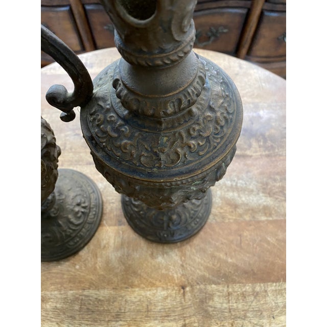 Late 19th Century Antique Guilded Cast Brass or Bronze Ornate Renaissance Ewers / Pitchers- a Pair For Sale - Image 5 of 12