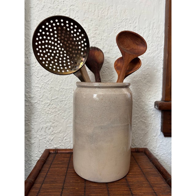 Antique Rustic European stoneware salt-glazed crock, perfect as a kitchen utensil holder or a vase. No maker's mark. At...