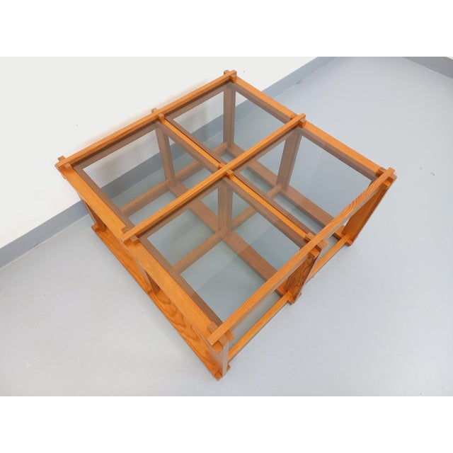 Wood Vintage Square Coffee Table in Pine and Smoked Glass, 1970s For Sale - Image 7 of 18