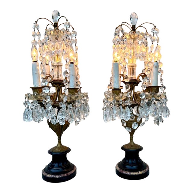 French Antique Girandole Candelabra Crystal Chandelier Table Lamps - a Pair For Sale