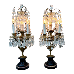 French Antique Girandole Candelabra Crystal Chandelier Table Lamps - a Pair